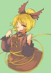  blonde_hair blush bow brown_bow brown_dress bubble_skirt commentary cropped_legs dress green_background hair_bow hair_bun ini_(inunabe00) kurodani_yamame long_sleeves one_eye_closed open_mouth puffy_long_sleeves puffy_sleeves ribbon simple_background skirt smile solo touhou yellow_eyes yellow_ribbon 
