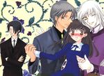  1girl 3boys amber_eyes bangs black_eyes black_hair blue_dress blush brown_eyes brown_hair crossed_arms dress eyes_closed fruits_basket green_necktie hair_over_one_eye hand_holding honda_tooru long_hair multiple_boys necktie souma_ayame souma_hatori souma_shigure suit white_hair wink 