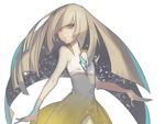  bangs bare_arms blonde_hair blunt_bangs closed_mouth diamond dress empty_eyes green_eyes long_hair looking_at_viewer lusamine_(pokemon) nekushi pokemon pokemon_(game) pokemon_sm simple_background sleeveless sleeveless_dress smile solo star_(sky) very_long_hair white_background 