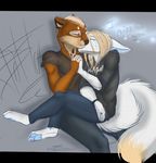  anthro canine clothed clothing dafka duo english_text female fennec fox hand_holding kissing male male/female mammal mustelid otter text 