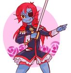  1girl eyepatch fang female long_hair red_hair simple_background smile solo sword tagme undertale undyne upper_body weapon white_background zana 