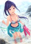  :d bare_arms bikini blue_hair breasts cleavage collarbone day diving_mask diving_suit flippers front-tie_bikini front-tie_top full_body holding iincho_(airi8751) long_hair looking_at_viewer love_live! love_live!_sunshine!! matsuura_kanan medium_breasts navel open_clothes open_mouth outdoors ponytail purple_eyes shoes smile snorkel solo stomach striped striped_bikini swimsuit wading water 