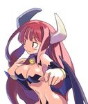  breasts demon_girl demon_tail demon_wings disgaea harada_takehito large_breasts long_hair makai_senki_disgaea navel official_art pointy_ears red_eyes red_hair simple_background smile solo succubus_(disgaea) tail white_background wings 