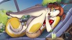  4_toes 5_fingers anthro barefoot blue_eyes breasts brown_hair canine day detailed_background dog female fur grey_nose hair inktiger looking_at_viewer lying mammal outside pawpads solo toes white_fur wide_hips yellow_fur 