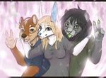  anthro canine clothed clothing dafka feline female group lion looking_at_viewer male mammal mustelid otter smile 