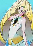  absurdres bad_id bad_twitter_id bangs bare_arms blonde_hair blue_background blue_hair blunt_bangs diamond dress empty_eyes green_eyes highres long_hair lusamine_(pokemon) multicolored_hair outline pantyhose pokemon pokemon_(game) pokemon_sm reiesu_(reis) short_dress simple_background sleeveless sleeveless_dress solo streaked_hair very_long_hair white_legwear 