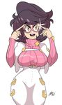  bigdead93 breasts curvy eyebrows glasses highres large_breasts looking_at_viewer pokemon pokemon_(game) pokemon_sm ribbed_sweater round_teeth smile solo sweater teeth thick_eyebrows turtleneck wicke_(pokemon) wide_hips yellow_eyes 