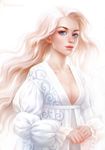  artist_name bangs breasts cleavage dress elena_berezina eyebrows eyelashes hands_together highres light_smile lips long_hair long_sleeves looking_at_viewer medium_breasts nose original parted_bangs realistic solo standing upper_body white white_background white_dress white_hair 