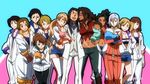  6+girls amida_arca arms_behind_back azee_gurumin baby bilt_turbine black_eyes black_hair blonde_hair blue_eyes breasts brown_eyes brown_hair chloe_turbine cleavage dark_skin earrings echo_turbine formal green_eyes gundam gundam_tekketsu_no_orphans hand_on_hip harem holding_hands jewelry jumpsuit lafter_frankland large_breasts multiple_girls naze_turbine scar short_shorts shorts silver_hair smile spacesuit sports_bra suit tank_top 