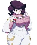  bad_id bad_pixiv_id curvy glasses green_eyes highres holding holding_poke_ball index_finger_raised looking_at_viewer mato_spectoru poke_ball poke_ball_(generic) pokemon pokemon_(game) pokemon_sm purple_hair ribbed_sweater smile solo sweater turtleneck wicke_(pokemon) wide_hips 