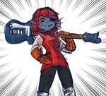  1girl cosplay eyepatch female flcl grin guitar haruhara_haruko haruhara_haruko_(cosplay) looking_at_viewer parody red_hair short_hair smile solo standing tagme undertale undyne upper_body weapon zana 