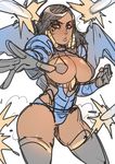  adapted_costume black_hair black_legwear blue_leotard breastless_clothes breasts brown_eyes clenched_hand dark_skin eye_of_horus facial_tattoo highres large_breasts leotard lips long_hair maniacpaint mechanical_wings outstretched_hand overwatch pasties pharah_(overwatch) rocket sketch solo tattoo thick_thighs thighhighs thighs wings 