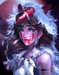  brown_hair earrings facepaint fur_trim highres jewelry lips looking_at_viewer mask mononoke_hime necklace purple_eyes san sangrde short_hair sleeveless solo upper_body 