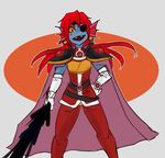  1girl cape elbow_gloves eyepatch fang female gloves lina_inverse lina_inverse_(cosplay) long_hair looking_at_viewer magic parody red_hair simple_background slayers solo sorcerer standing sword undertale undyne upper_body weapon white_gloves zana 