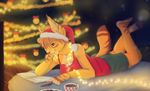  anthro book christmas christmas_tree clothed clothing dafka feline female holidays lying mammal on_front smile solo tree 