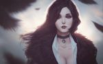  artist_name black_choker black_hair breasts choker cleavage collarbone hair_over_one_eye highres jewelry large_breasts lips long_hair md5_mismatch mole mole_under_mouth parted_lips pendant pentagram purple_eyes raikoart red_lips solo the_witcher upper_body wallpaper wing_collar yennefer 