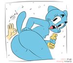  anthro blue_fur breasts butt cartoon_network cat drugs_(artist) english_text fangs feline female fur happy looking_at_viewer looking_back mammal mature_female mother nicole_watterson ninoeros nipples nude open_mouth parent solo tears text the_amazing_world_of_gumball tongue trophy 