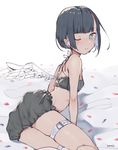  ;3 arm_support bangs black_bloomers black_bra black_hair bloomers blue_eyes blue_hair blunt_bangs bra feathered_wings highres lying multicolored_hair on_side original short_hair single_wing solo thigh_strap two-tone_hair underwear underwear_only uni_(melm) white_wings wings 