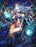  armor bikini_armor breasts claws cleavage dragon_girl fantasy highres horns kazto_furuya large_breasts looking_at_viewer midriff monster_girl navel official_art pointy_ears revealing_clothes shingoku_no_valhalla_gate solo thigh_gap watermark white_hair wings 