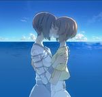  asymmetrical_docking blue_sky breast_press breasts brown_hair closed_eyes cloud cosmic_(crownclowncosmic) couple day girls_und_panzer hug incest kiss medium_breasts multiple_girls nishizumi_maho nishizumi_miho ocean outdoors short_hair shoulder_grab siblings sisters sky small_breasts yuri 