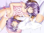  2girls bed blush clannad fujibayashi_kyou fujibayashi_ryou igul panties pillow purple_hair ribbons short_hair striped_panties thigh-highs twins underwear 