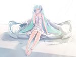 anklet barefoot blue_hair cup dress drinking feet flat_chest hatsune_miku jewelry last_night_good_night_(vocaloid) long_hair redjuice sitting solo tea twintails vocaloid 