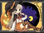  bat_wings blue_eyes buttons candy cape fang food halloween hanabana_tsubomi hat highres large_buttons little_busters! lollipop long_hair noumi_kudryavka solo striped striped_legwear swirl_lollipop thighhighs white_hair wings witch_hat 