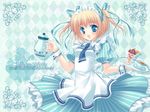  blonde_hair blue_eyes checkered hair_ribbon original ribbon short_hair solo takano_yuki_(allegro_mistic) teapot tray twintails waitress wallpaper wrist_cuffs 