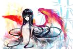  abaraya bad_id bad_pixiv_id bamboo black_hair convenient_censoring fiery_wings hair_censor hair_over_breasts houraisan_kaguya long_hair looking_at_viewer midriff navel off_shoulder open_clothes partially_submerged red_eyes sitting solo touhou very_long_hair water wings 