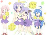  ahoge bad_id bad_pixiv_id blue_eyes blue_hair cheerleader closed_eyes glasses hiiragi_kagami hiiragi_tsukasa hug izumi_konata kneehighs long_hair lucky_star maruki_(punchiki) mole mole_under_eye multiple_girls one_eye_closed pink_hair pom_poms purple_hair ribbon socks takara_miyuki twintails 