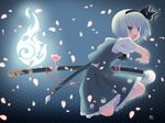  blue_eyes flower hairband highres hitodama katana konpaku_youmu konpaku_youmu_(ghost) kurasawa_kyoushou open_mouth petals ready_to_draw sheath sheathed short_hair solo squatting sword touhou wallpaper weapon white_hair 