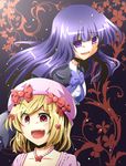  bad_id bad_pixiv_id blonde_hair bow frederica_bernkastel hair_bow hat highres jewelry lambdadelta long_hair mei_(jewel_at_time) multiple_girls necklace pink_hat purple_eyes purple_hair red_eyes short_hair sneer umineko_no_naku_koro_ni 