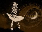  akakage_red astronomical_clock boots bow brown brown_background character_name clock english hat hat_bow highres magical_astronomy monochrome necktie sky solo star_(sky) starry_sky touhou usami_renko wallpaper zodiac 