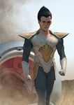  armor artstation_sample black_hair clenched_hands crater dragon_ball dragon_ball_z gloves image_sample lips male_focus rafael_de_guzman realistic redesign scouter shoulder_pads sky smoke solo space_craft spiked_hair vegeta walking white_gloves 