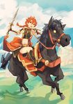  alexander_(fate/grand_order) blue_sky boots braid bucephalus cape cloud day fate/grand_order fate_(series) geetgeet horse horseback_riding long_hair male_focus midriff navel red_eyes red_hair riding sky solo sword weapon 