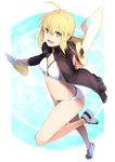  ahoge artoria_pendragon_(all) artoria_pendragon_(swimsuit_archer) bikini blonde_hair breasts dual_wielding fate/grand_order fate_(series) full_body green_eyes holding jacket long_hair low_ponytail midriff open_clothes open_jacket open_mouth ponytail running shoes small_breasts smile sneakers solo somemiya_suzume sports_bikini swimsuit sword tankini track_jacket water_gun weapon 