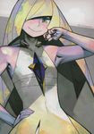  blonde_hair closed_mouth empty_eyes eric_muentes green_eyes hand_on_hip holding holding_poke_ball long_hair lusamine_(pokemon) poke_ball pokemon pokemon_(game) pokemon_sm smile solo twitter_username 