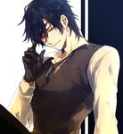  black_gloves black_hair eyepatch eyepatch_lift gloves male_focus muku_(pixiv3207772) necktie shokudaikiri_mitsutada smile solo touken_ranbu waistcoat yellow_eyes 