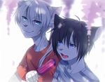  anthro black_hair blue_eyes cat clothed clothing dessert duo eyelashes feline food fumiko hair ice_cream inner_ear_fluff male mammal open_mouth pink_nose smile teeth tongue white_hair 