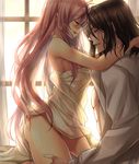  1girl black_hair blush closed_eyes couple dies_irae goetz_von_berlichingen hetero highres kneeling long_hair mia_(gute-nacht-07) naked_towel pink_hair rusalka_schwagerin see-through shiny shiny_skin shirt smile towel white_shirt window 