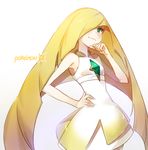  bare_shoulders blonde_hair blush copyright_name crystal dress green_eyes hair_over_one_eye hand_on_hip lips logo long_hair looking_at_viewer lusamine_(pokemon) pokemon pokemon_(game) pokemon_sm rushi_(bloodc) sleeveless smile smirk solo very_long_hair 