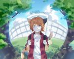  5_fingers anthro blue_eyes cat clothed clothing day detailed_background feline fumiko looking_at_viewer male mammal outside pink_nose smile solo standing tree 