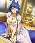  ahoge arm_support blue_hair breasts cleavage collarbone eyepatch green_eyes ikkitousen large_breasts looking_at_viewer mole mole_under_mouth ryomou_shimei see-through short_hair sitting smile solo white_background 