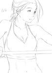  armpits breasts cleavage fingerless_gloves gloves greyscale hair_up highres holding holding_staff medium_breasts midriff monochrome navel niwatazumi original sketch solo sports_bra staff translation_request upper_body white_background 