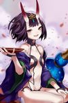  alcohol breasts cup eredhen eyebrows eyebrows_visible_through_hair fate/grand_order fate_(series) forehead_jewel gourd hand_on_lap horns japanese_clothes jewelry kimono kneeling looking_at_viewer navel oni oni_horns open_mouth petals purple_eyes purple_hair sakazuki sake short_hair shuten_douji_(fate/grand_order) sitting small_breasts smile solo 