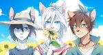  5_fingers anthro black_hair blue_eyes brown_hair cat clothed clothing day detailed_background feline fumiko group hair hat looking_at_viewer male mammal outside pink_nose sky smile standing white_hair 