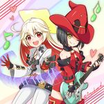  ahoge bad_id bad_pixiv_id bare_shoulders beamed_eighth_notes black_hair blonde_hair eighth_note electric_guitar fingerless_gloves french_maid gloves green_eyes guilty_gear guitar hat heart i-no instrument jack-o'_valentine keyboard_(instrument) looking_at_viewer multicolored_hair multiple_girls musical_note one_eye_closed red_eyes red_hair red_hat smile thighhighs twitter_username two-tone_hair witch_hat younger 