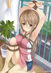  apron armpits arms_up bad_id bad_pixiv_id balcony bangs bare_legs barefoot bdsm between_breasts blanket blush bondage bound bound_leg bound_wrists breast_bondage breasts brown_eyes brown_hair denim denim_shorts french_maid hair_between_eyes highres knee_up long_hair looking_at_viewer medium_breasts on_floor original outdoors parted_lips pink_apron plant potted_plant railing restrained road rope shirt short_shorts shorts sitting sleeveless sleeveless_shirt solo street tied_up tree watermark white_shirt 