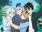  5_fingers anthro black_hair blonde_hair blue_eyes blue_hair canine cat clothed clothing clotihng day dog eyewear feline female fumiko glasses grey_nose group hair male mammal open_mouth outside pink_nose selfie smile teeth tongue white_hair yellow_eyes 