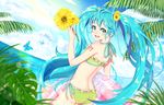  :d ass bare_shoulders bikini blue_butterfly blue_eyes blue_hair blue_sky breasts bug butterfly day flower hair_flower hair_ornament hatsune_miku innertube insect long_hair looking_back ocean open_mouth outdoors palm_tree para_sitism side-tie_bikini sky small_breasts smile solo striped striped_bikini swimsuit tattoo tree twintails very_long_hair vocaloid 